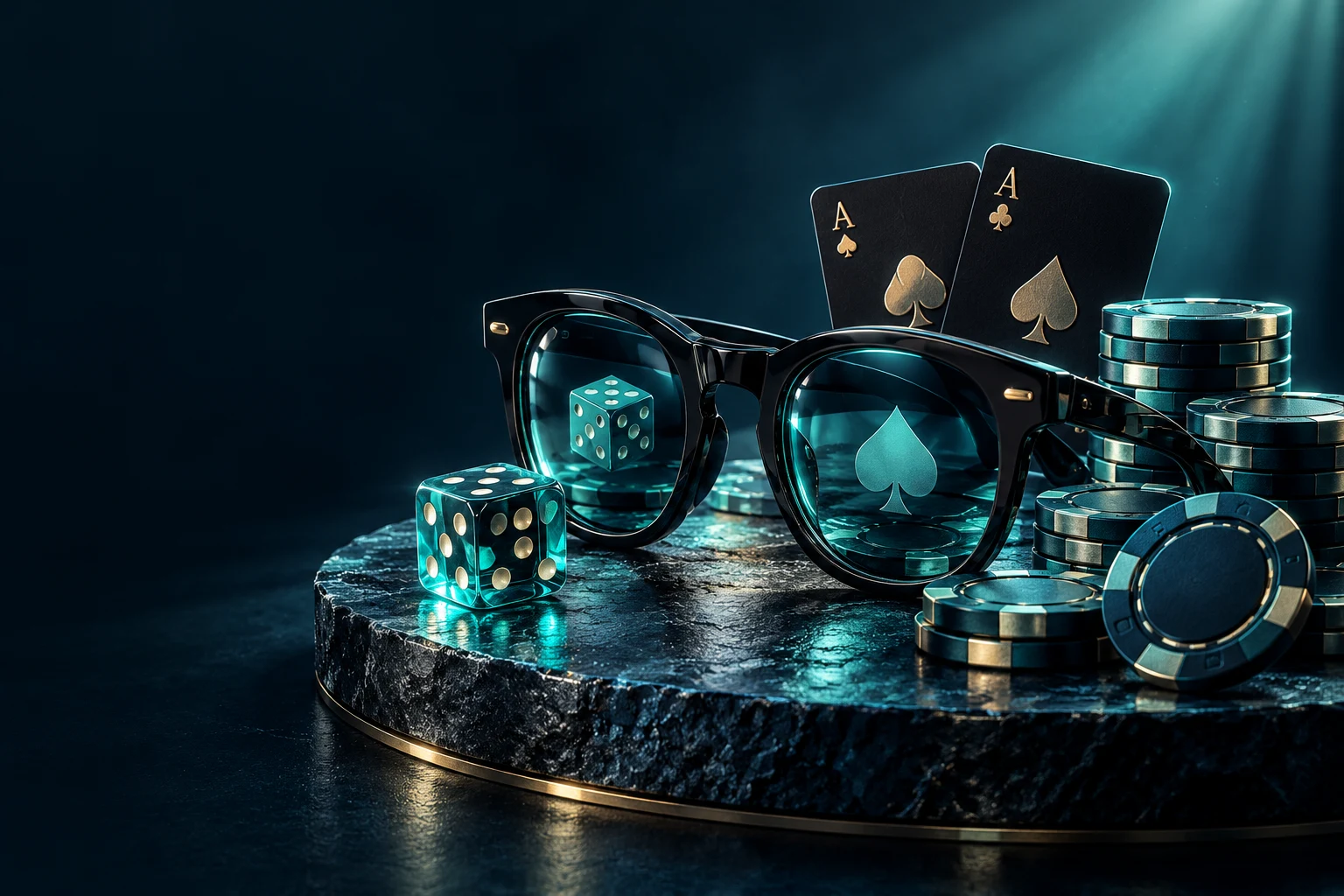 Casino glasses, cards and dice in teal light